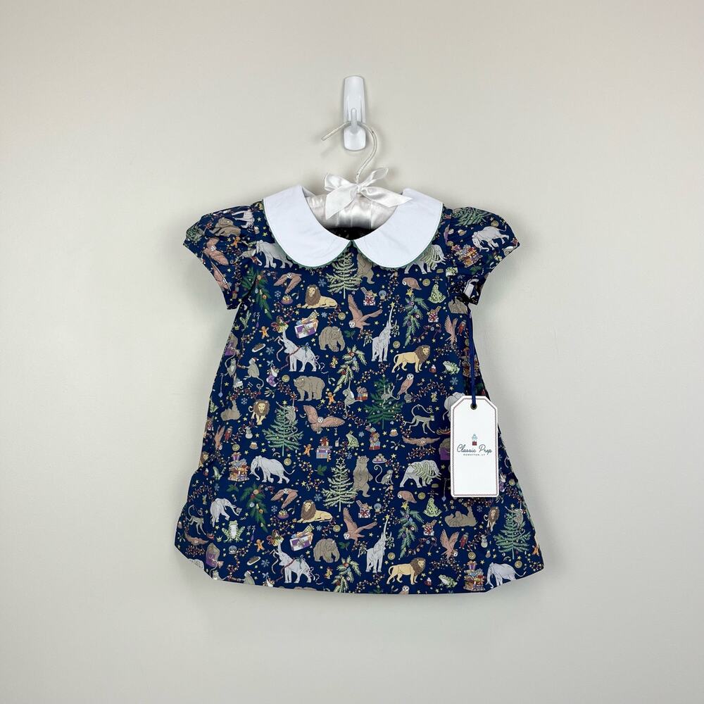 Classic Prep Navy Woodland Animal Print Dress with White Peter Pan Collar